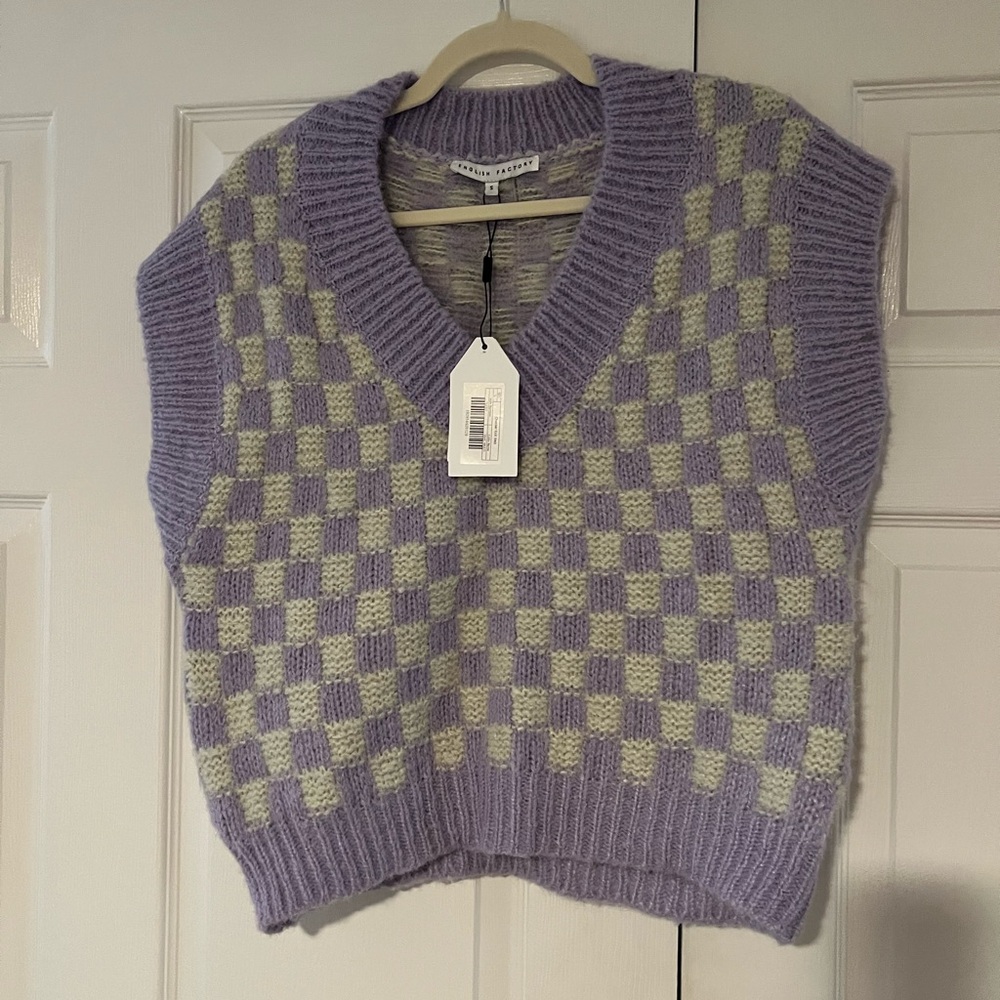 English Factory Lavender and Cream Checked V-Neck Sweater Vest